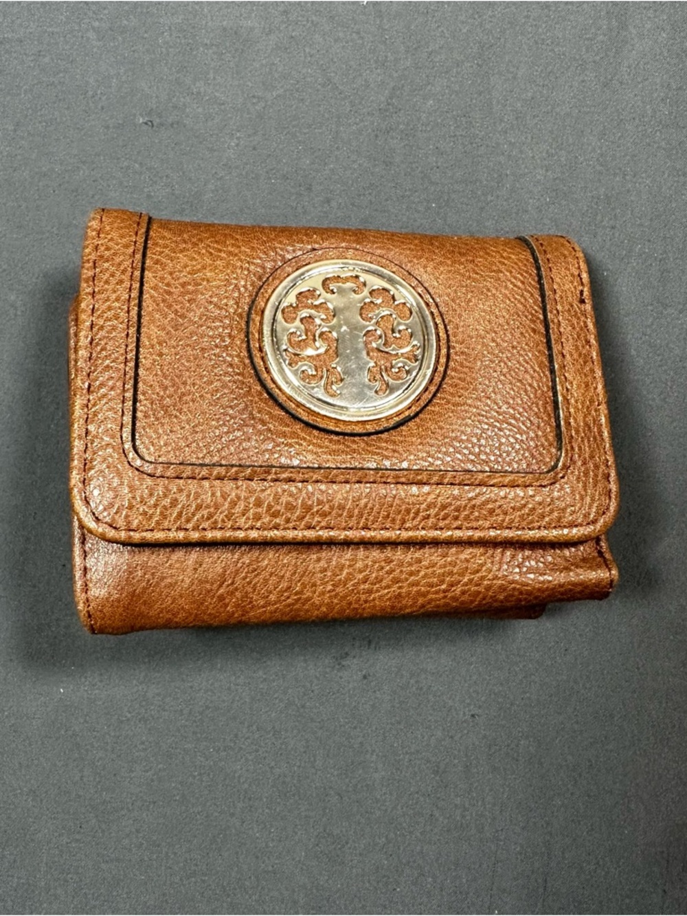 Ardene Small Brown Faux Leather Wallet with Metallic Tree Emblem